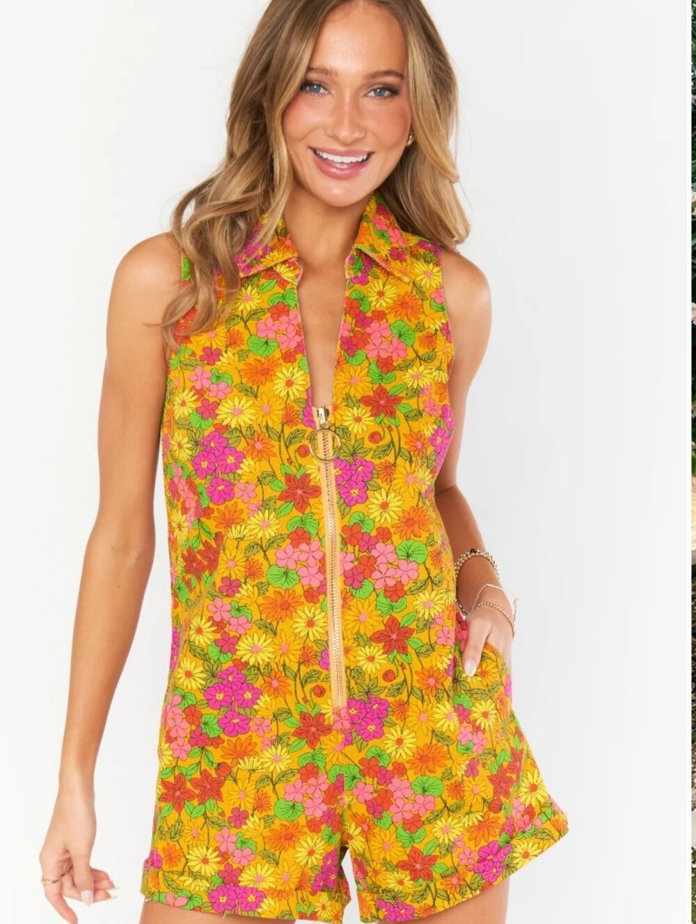 Show Me Your MuMu Yellow Floral Zip Retro Romper NWOT XS